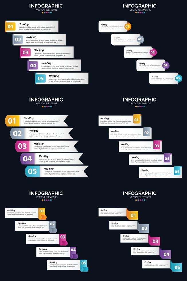 plantilla de diapositiva de presentación del paquete de infografías vectoriales 6 diagramas de ciclo de 5 pasos y líneas de tiempo vector