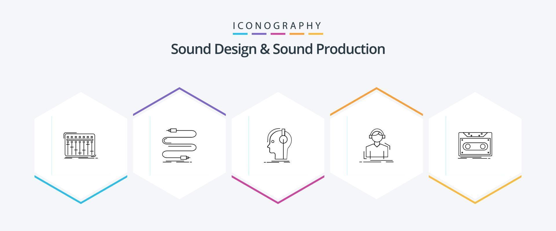 Sound Design And Sound Production 25 Line icon pack including listen. engineer. sound. sound. musician vector