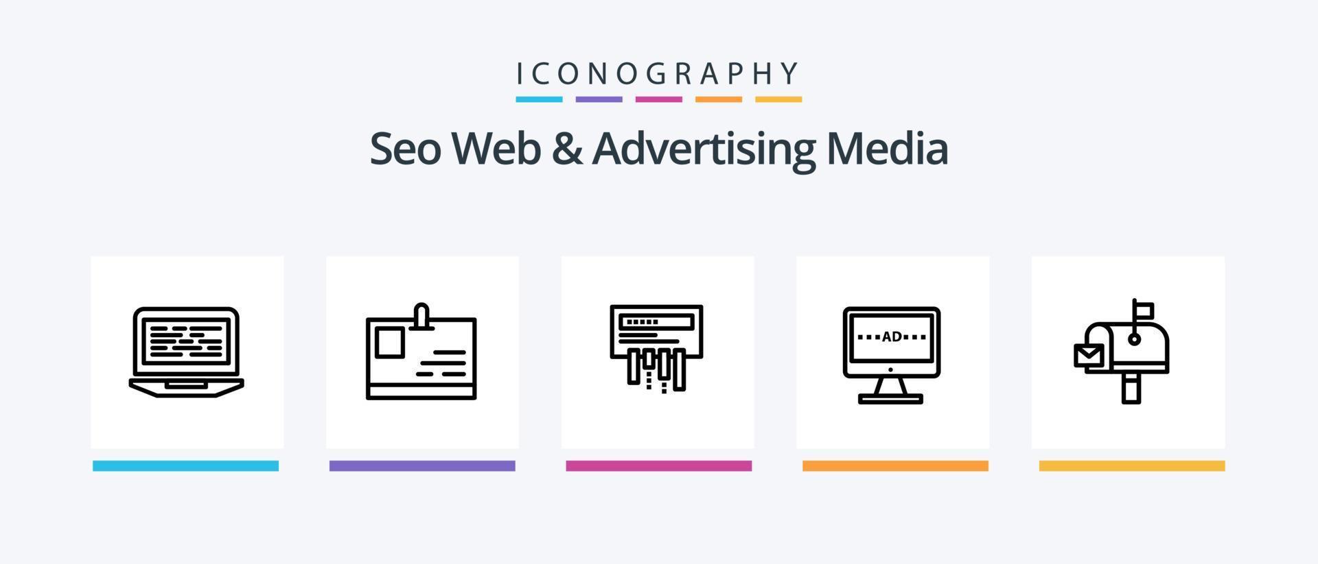 seo web y publicidad media línea 5 paquete de iconos que incluye guía telefónica. papel. archivos periódico. condensadores diseño de iconos creativos vector