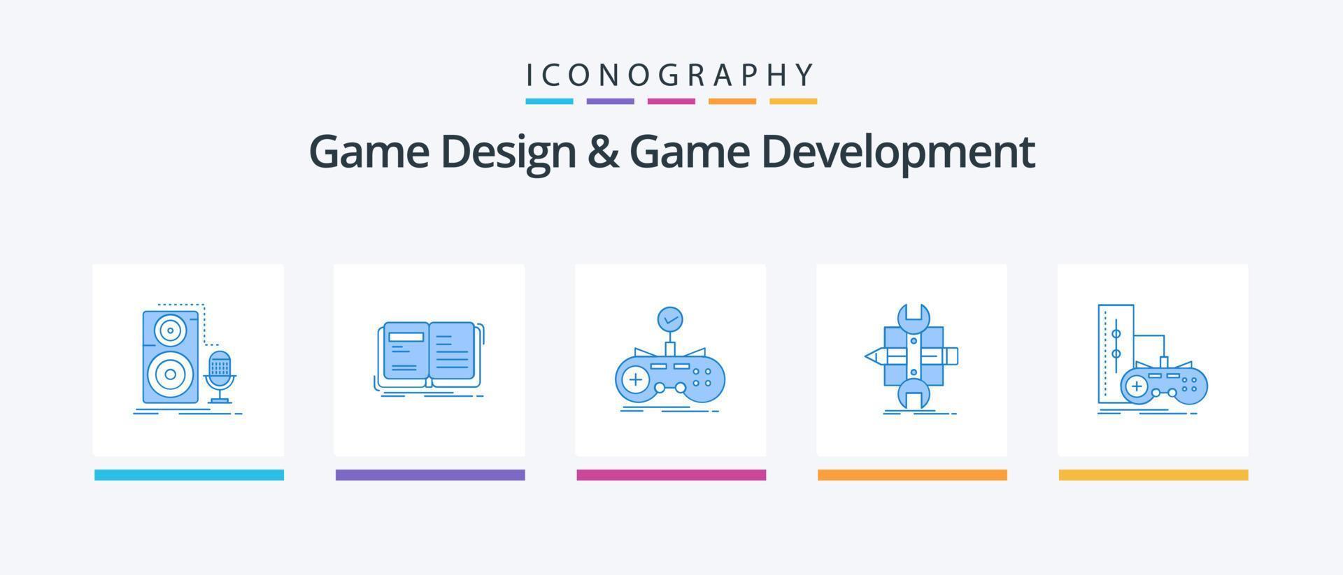 paquete de iconos azul 5 de diseño y desarrollo de juegos que incluye desarrollo. construir. historia. juego de azar. juego. diseño de iconos creativos vector