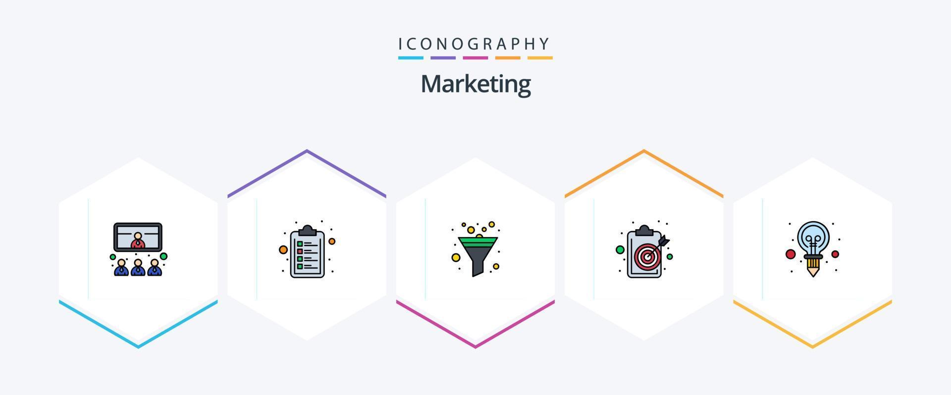 Marketing 25 FilledLine icon pack including creativity. target. filter. objective. clipboard vector