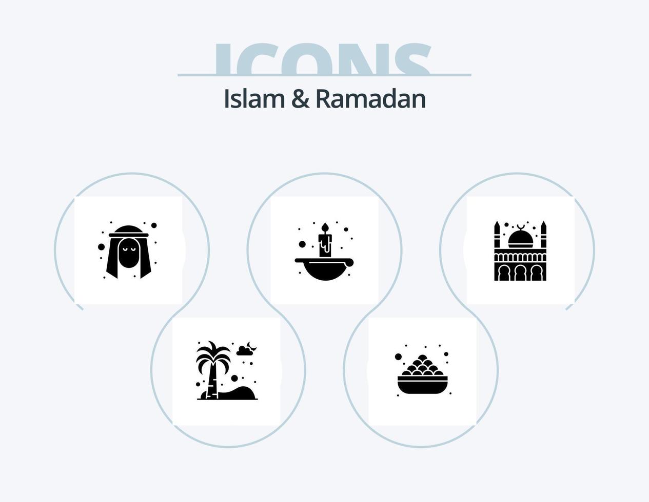 islam y ramadan glyph icon pack 5 diseño de iconos. luz. fuego. dulce. vela. persona vector