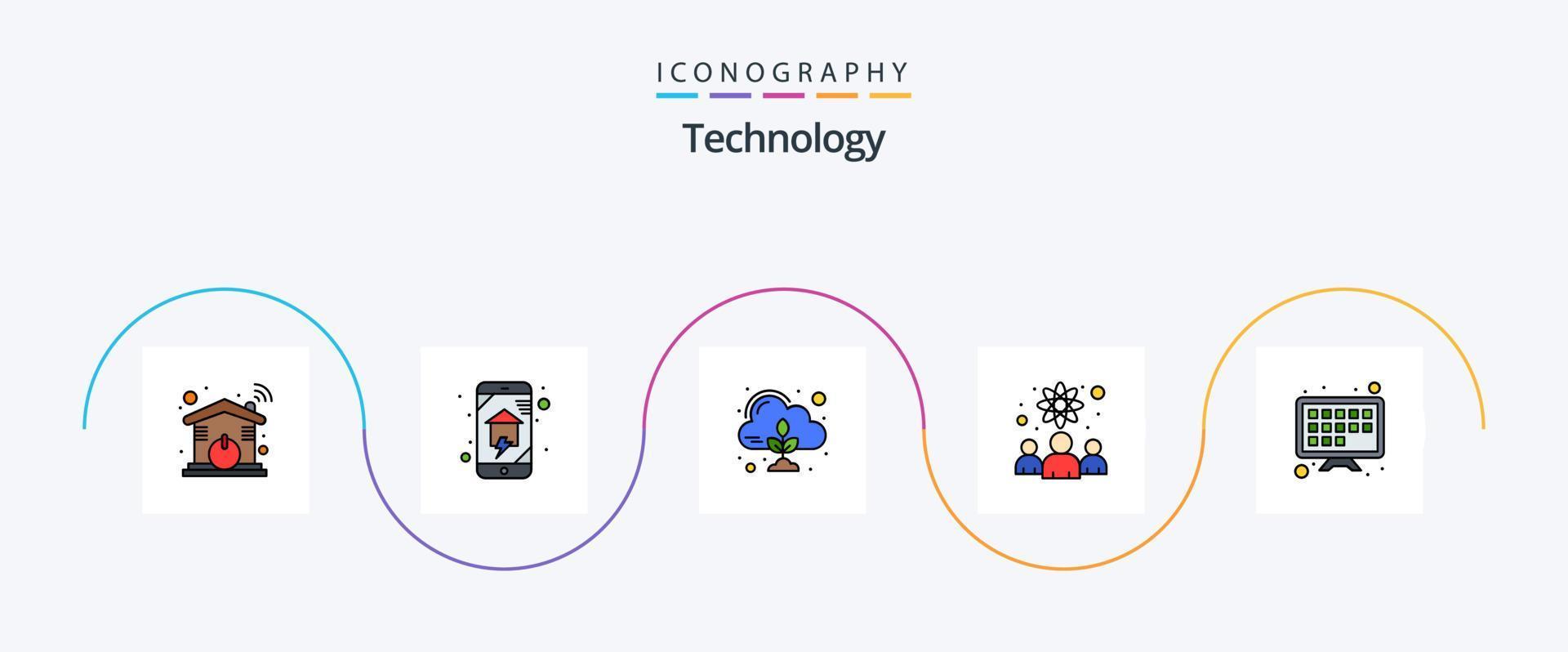 Technology Line Filled Flat 5 Icon Pack Including internet. researchers. smart house. physicists. cloud vector