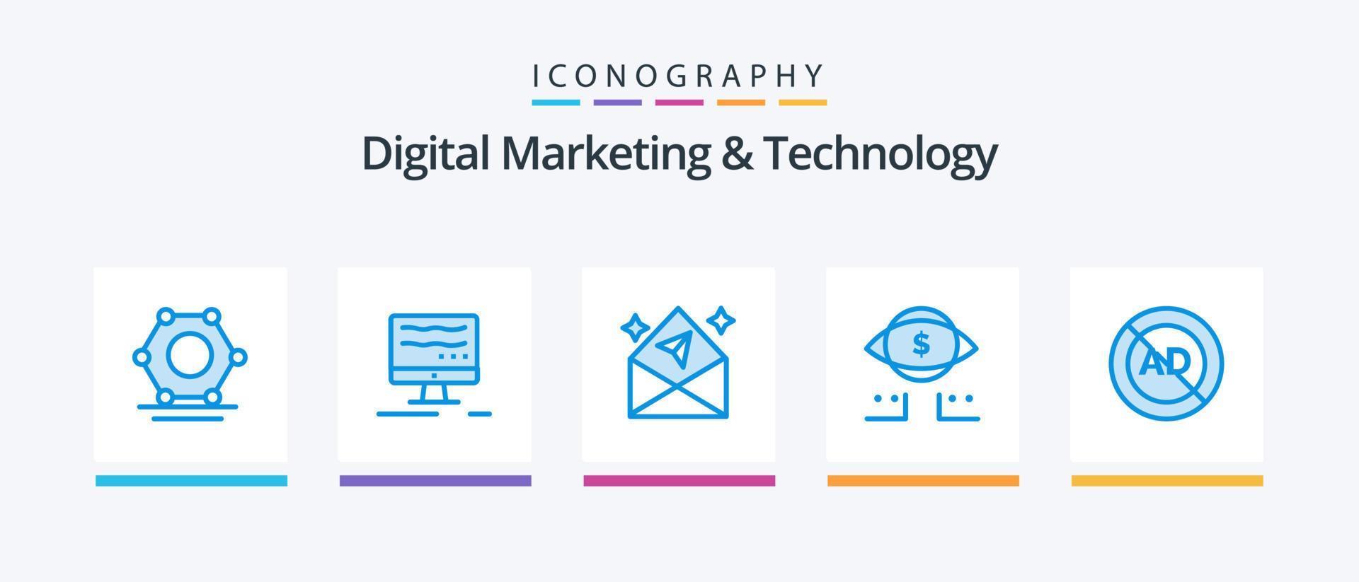 Digital Marketing And Technology Blue 5 Icon Pack Including advertising. ad block. mail. ad. marketing. Creative Icons Design vector