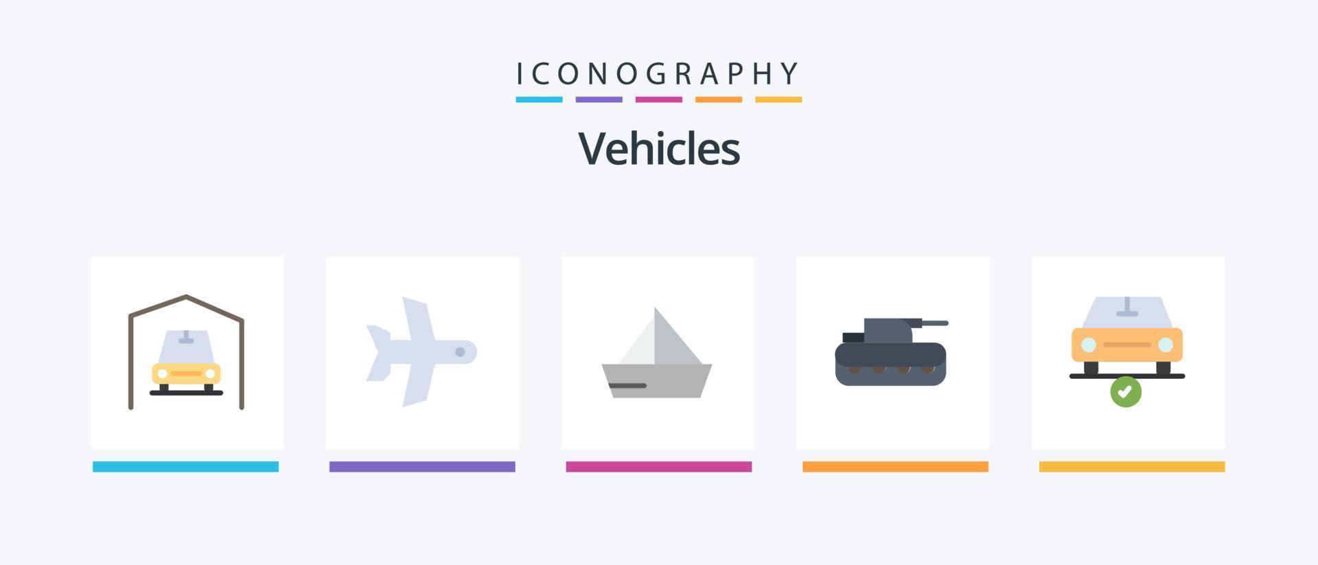 Vehicles Flat 5 Icon Pack Including checked. tank. sail. panzer. cannon. Creative Icons Design vector