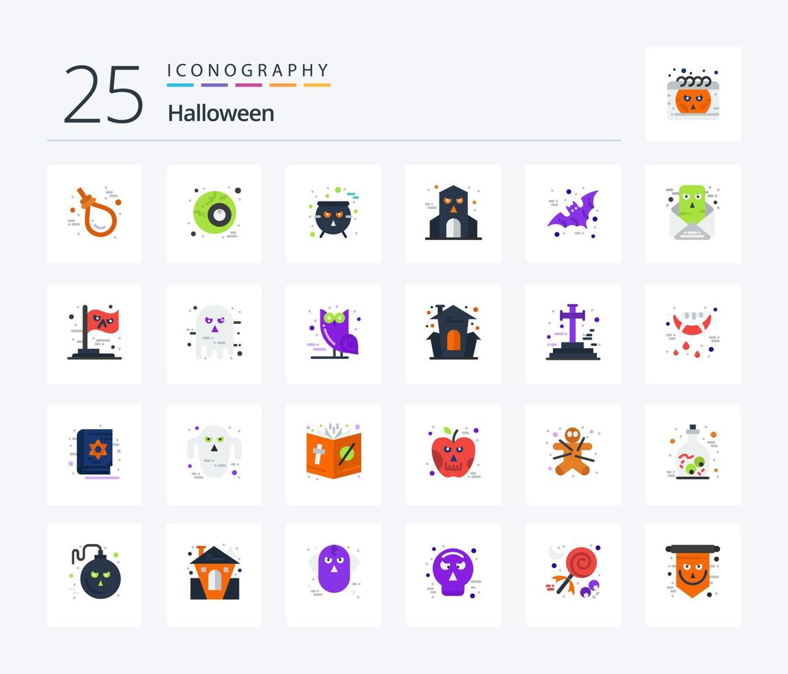 paquete de iconos de 25 colores planos de halloween que incluye halloween. murciélago. junta. Casa embrujada. Víspera de Todos los Santos vector