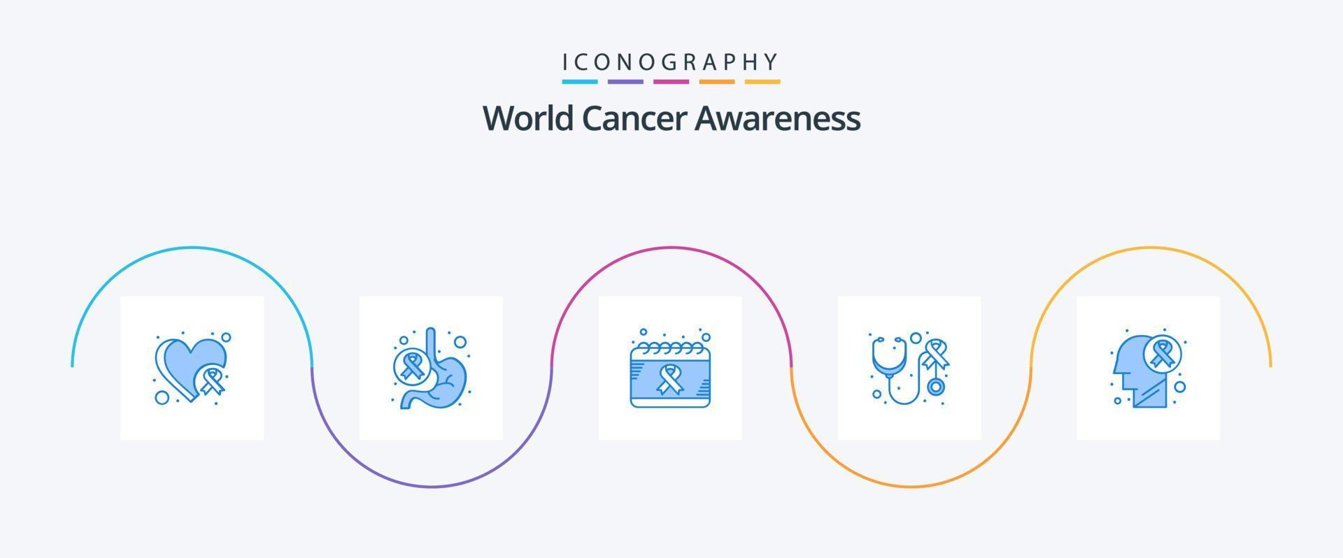 paquete de iconos azules 5 de conciencia mundial sobre el cáncer que incluye atención. estetoscopio. mundo. salud. salud vector