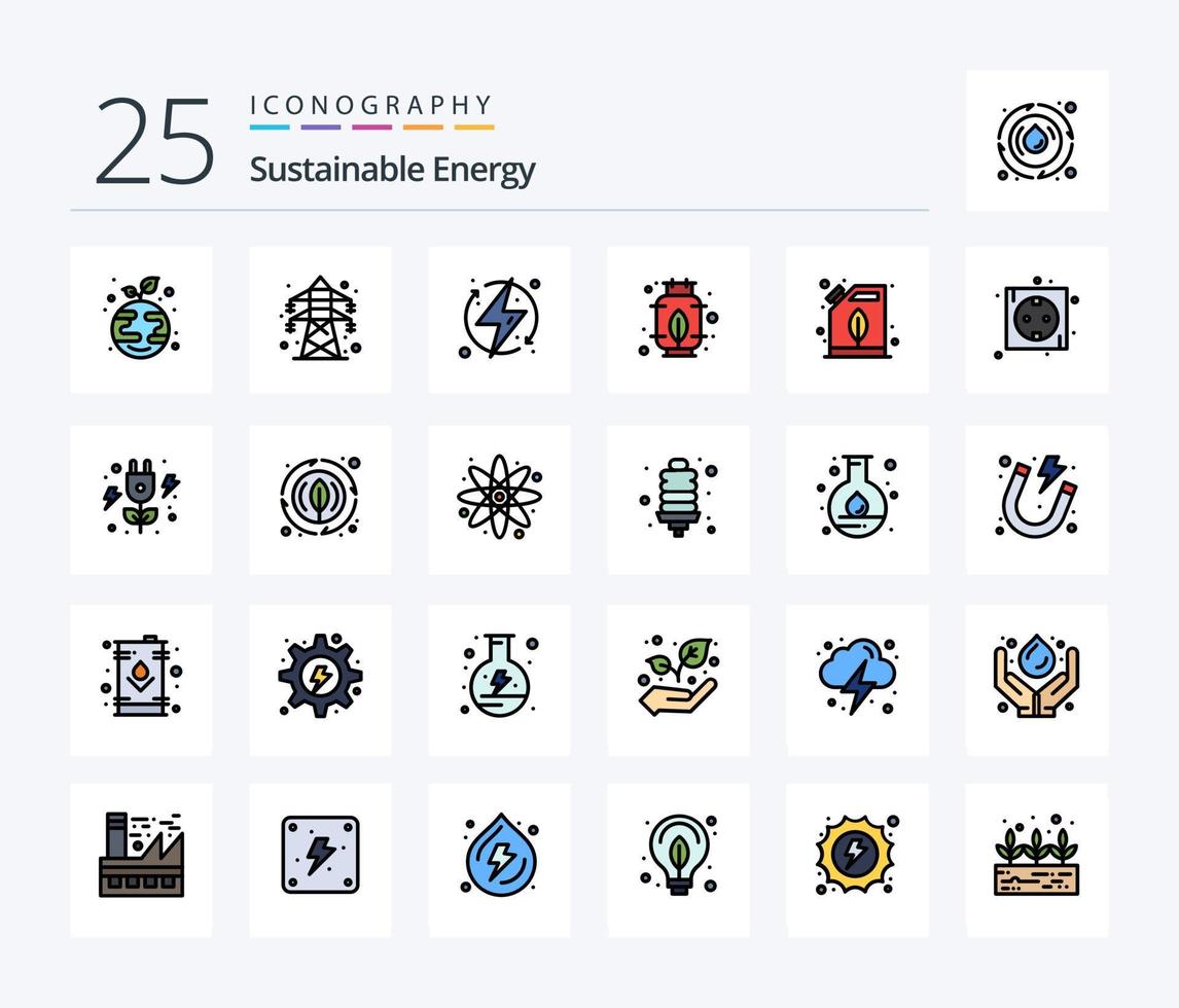 paquete de iconos llenos de 25 líneas de energía sostenible que incluye electricidad. fuerza. cargar. gas. renovable vector