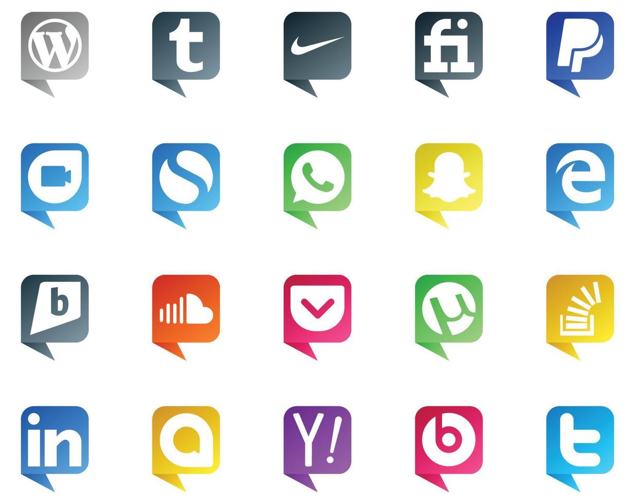 20 logotipos de estilo de burbujas de discurso de redes sociales como stockoverflow bolsillo whatsapp música soundcloud vector