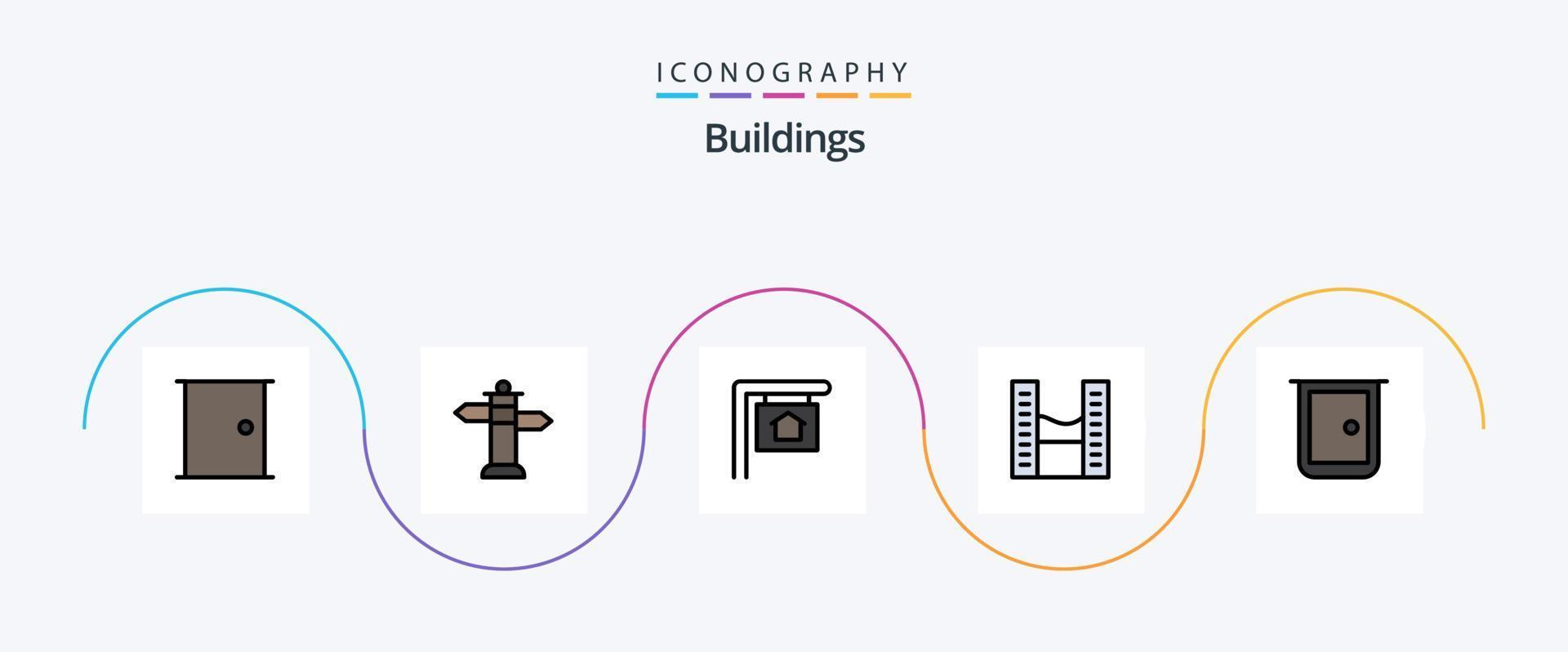 la línea de edificios llenó el paquete de iconos planos 5 que incluye la puerta. edificios en venta. Torres Gemelas. moderno vector