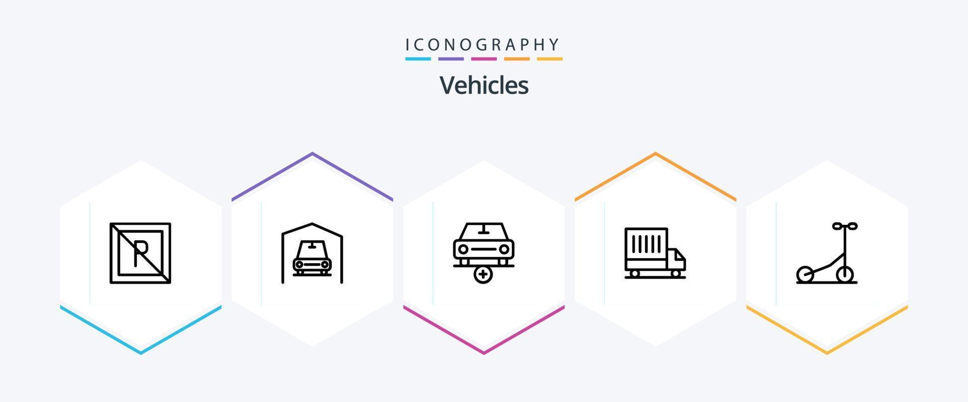 paquete de iconos de 25 líneas de vehículos que incluye transporte. scooter. auto. camioneta. entrega vector