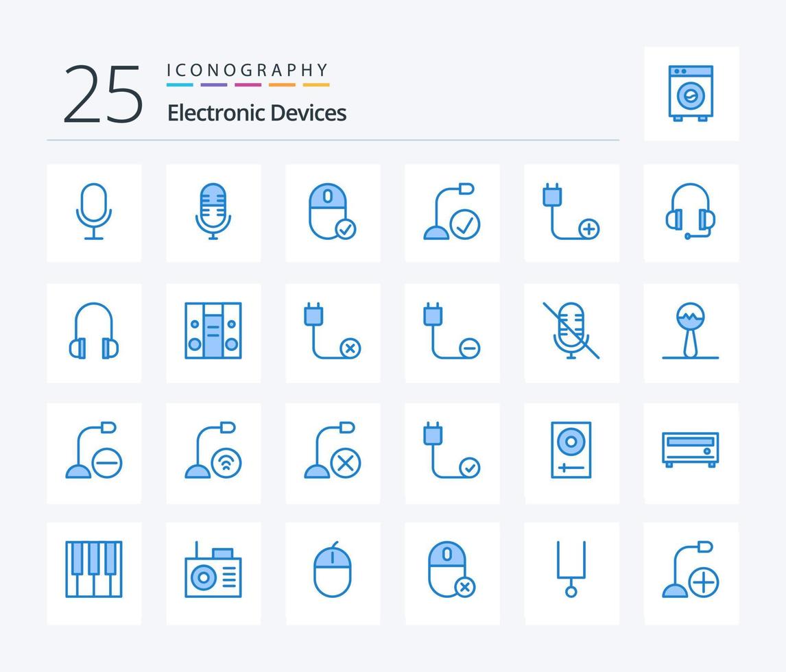 Paquete de iconos de 25 dispositivos de color azul que incluye auriculares. hardware. dispositivos. dispositivos. ordenadores vector