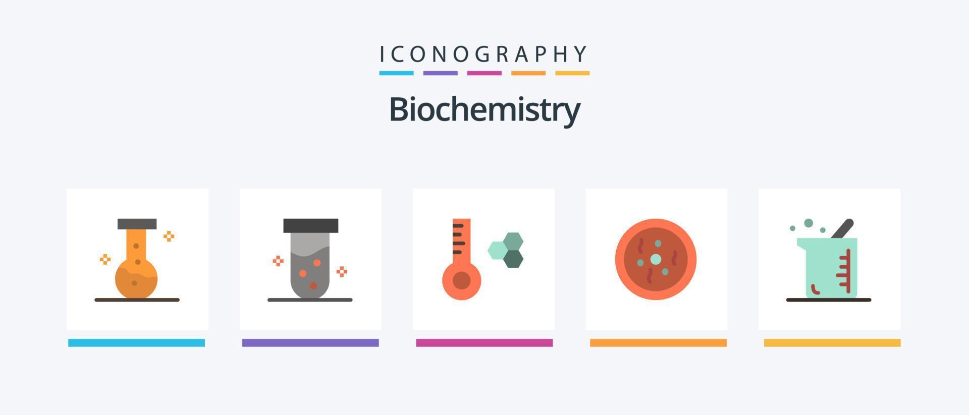 Paquete de iconos planos de bioquímica 5 que incluye química. bioquímica. medidor de temperatura más grande. petri diseño de iconos creativos vector