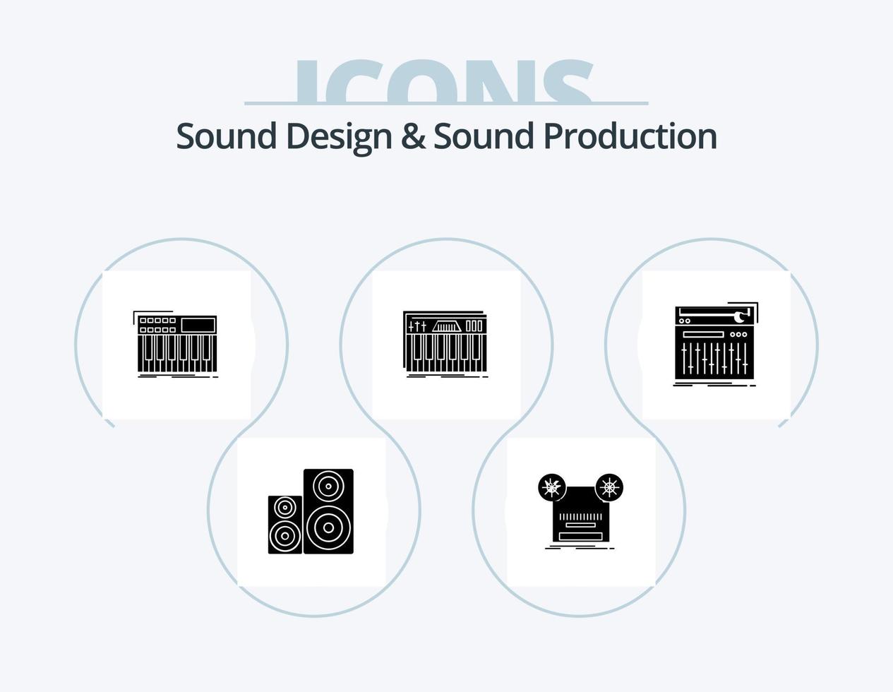 diseño de sonido y producción de sonido paquete de iconos de glifos 5 diseño de iconos. llaves. controlador. cinta. sintetizador. midi vector