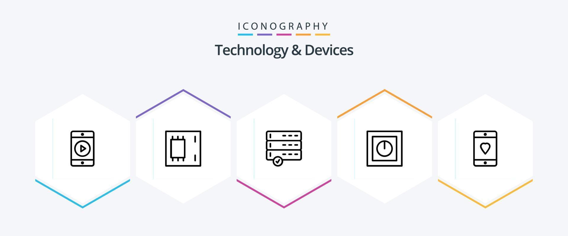 Devices 25 Line icon pack including devices. technology. approve. safe. electronics vector