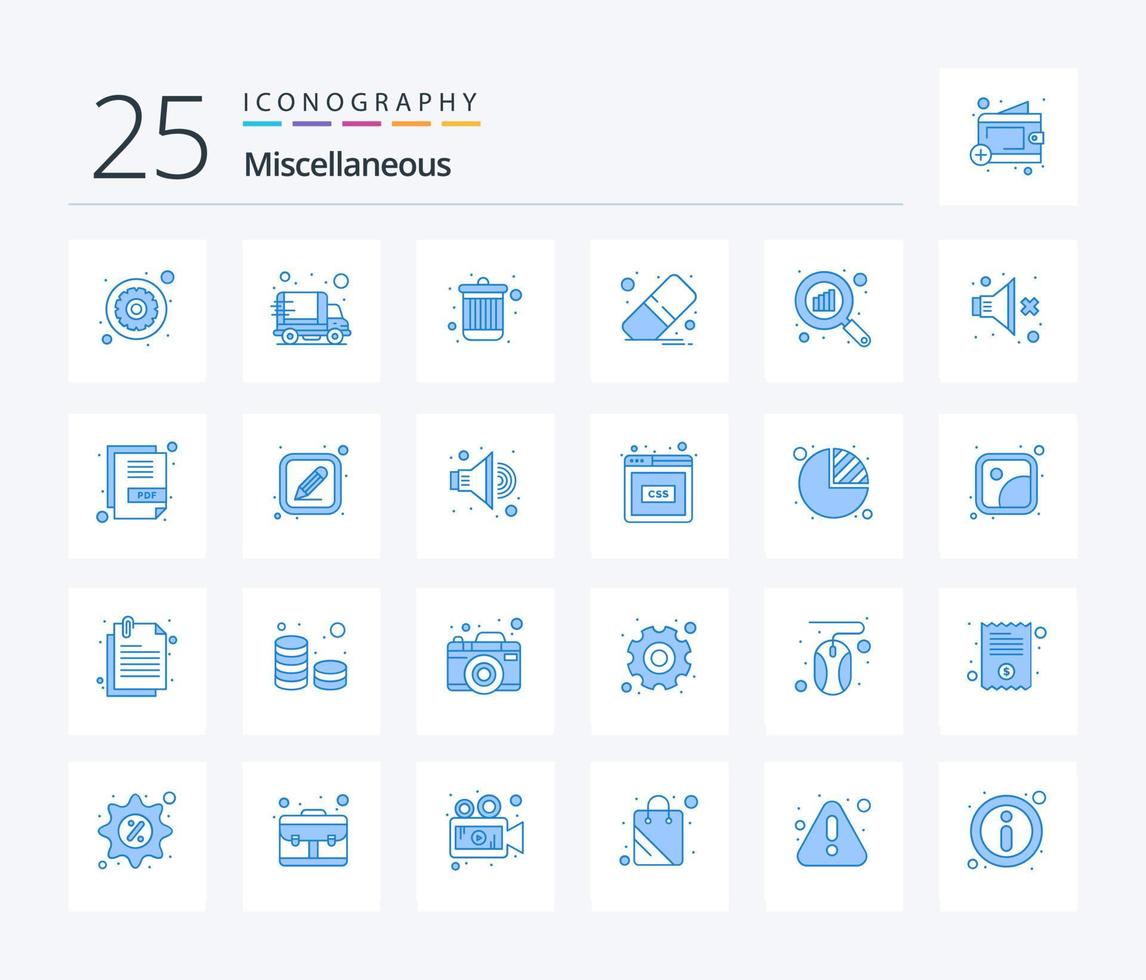 Miscellaneous 25 Blue Color icon pack including magnifier. remover. delete. rubber. clear vector