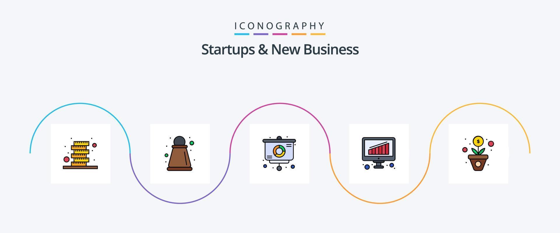 Startups And New Business Line Filled Flat 5 Icon Pack Including . money. presentation. grow. online vector