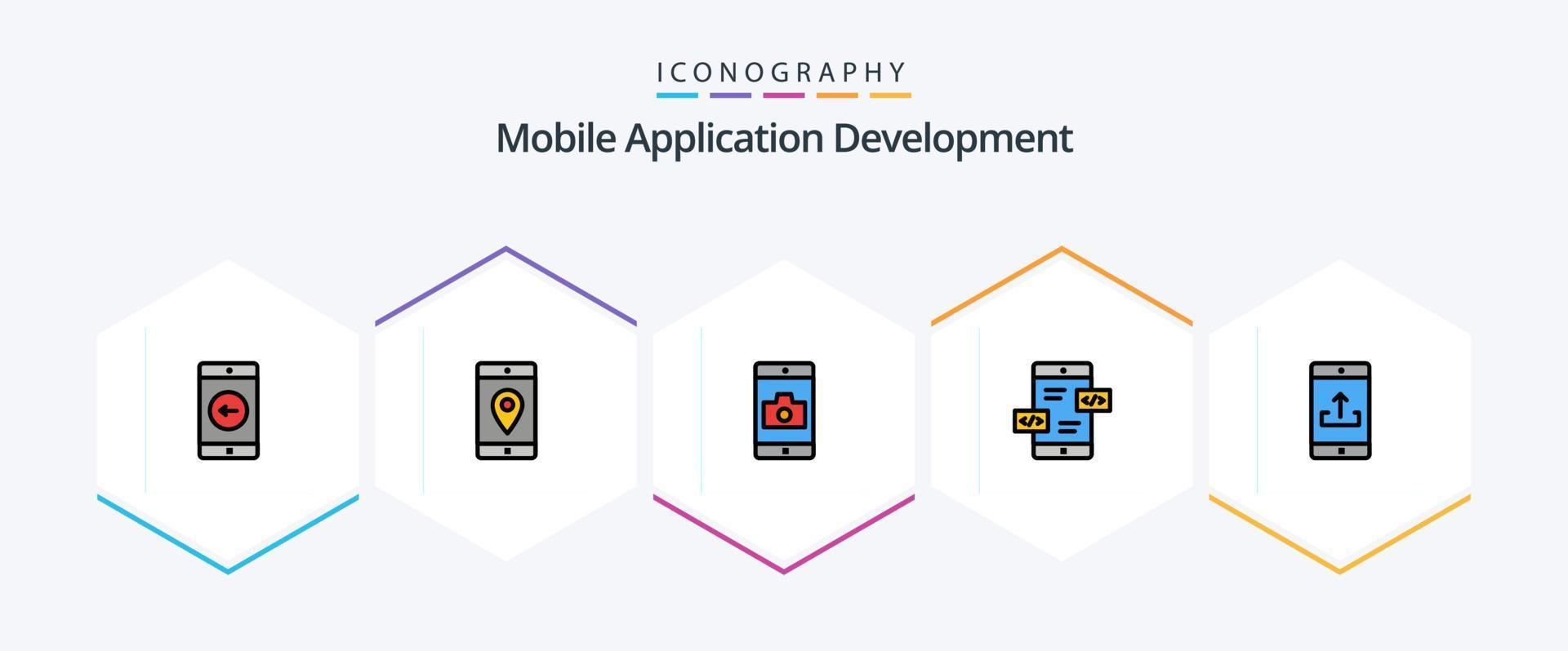 desarrollo de aplicaciones móviles paquete de iconos de 25 líneas completas que incluye la aplicación. división mapa. flechas cámara vector