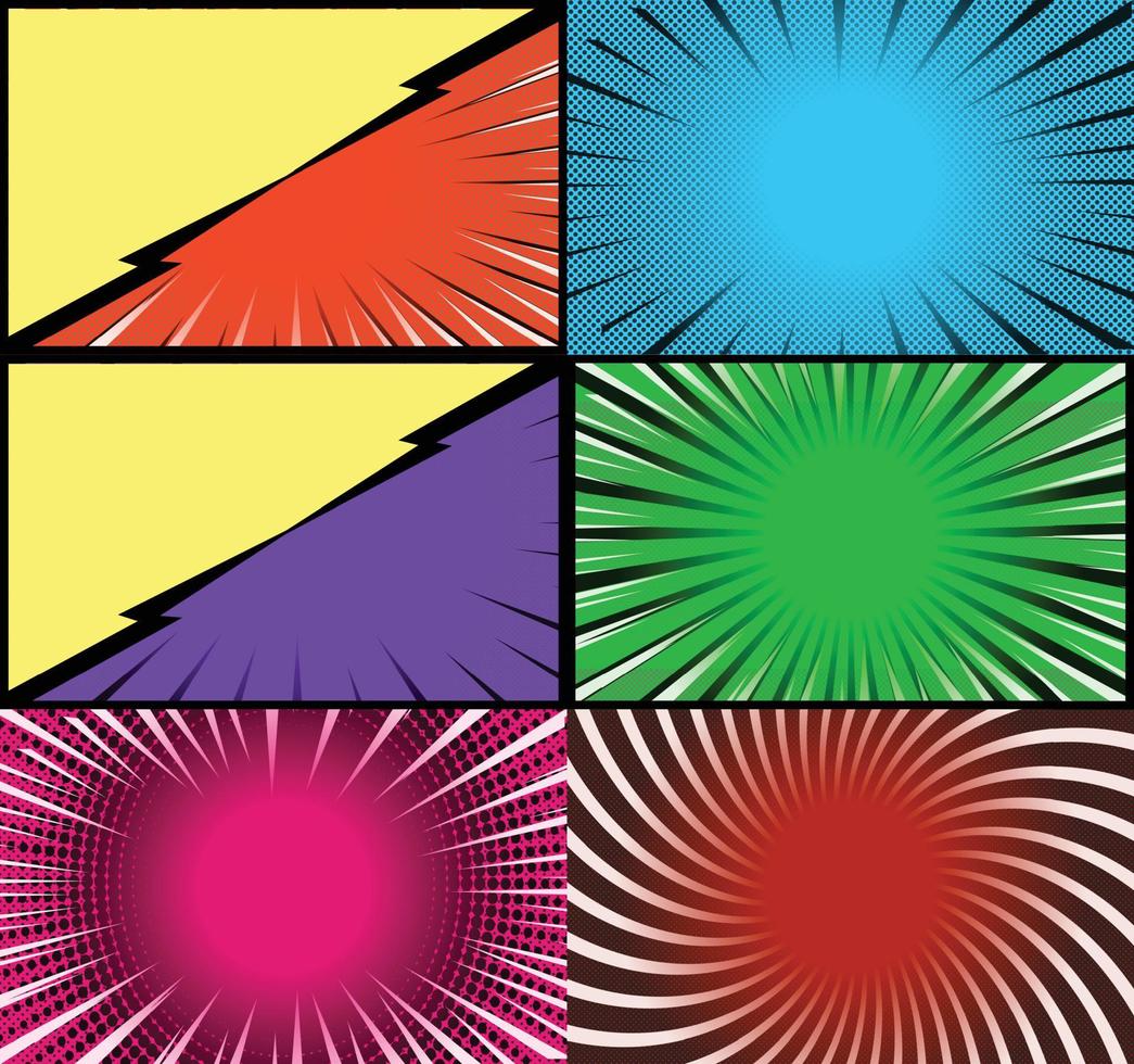Comic book colorful frames background with halftone rays radial and dotted effects pop art style vector