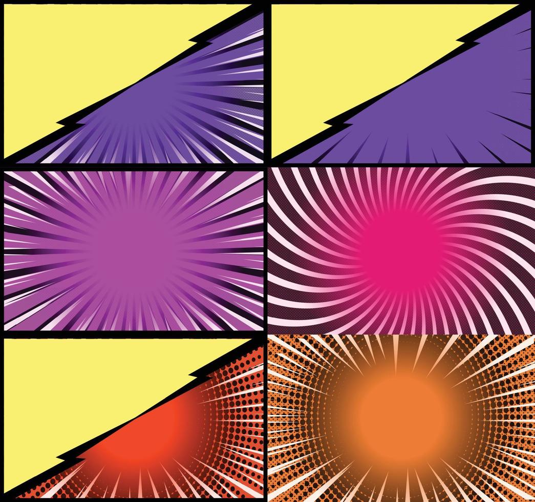 Comic book colorful frames background with halftone rays radial and dotted effects pop art style vector