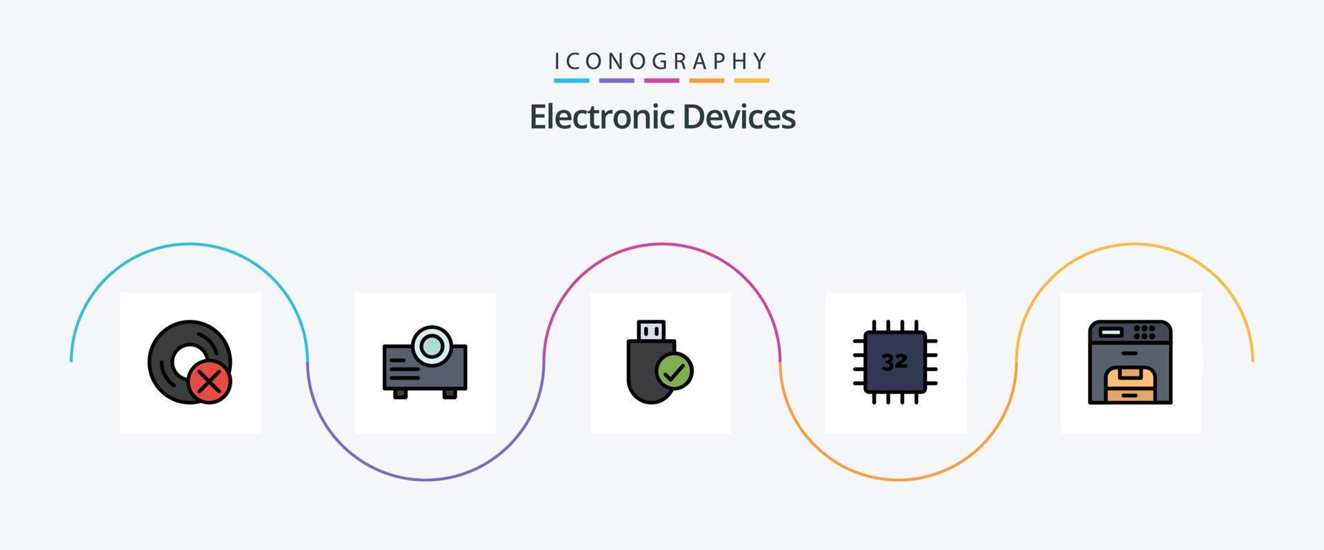 paquete de iconos de 5 planos llenos de línea de dispositivos que incluye hardware. dispositivos. ordenadores. ordenadores. palo vector