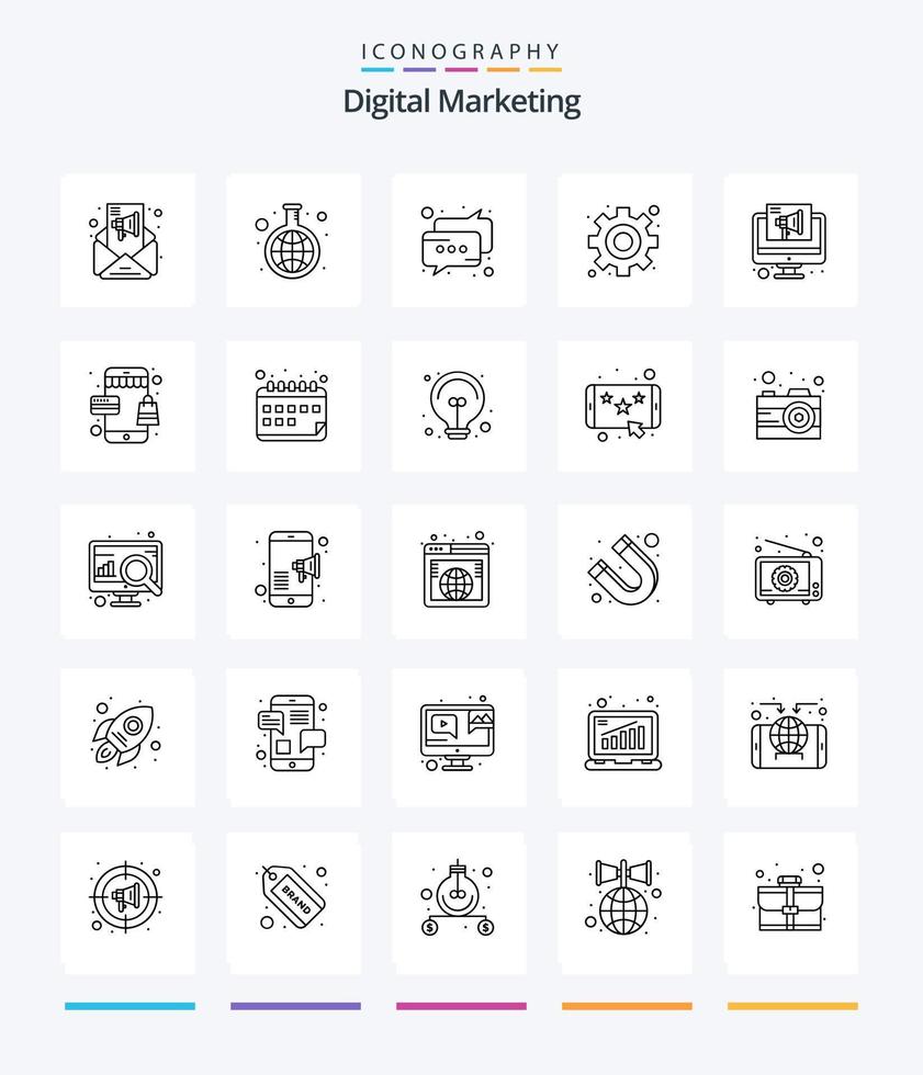 Creative Digital Marketing 25 OutLine icon pack  Such As marketing. gear. chat. settings. hierarchy vector