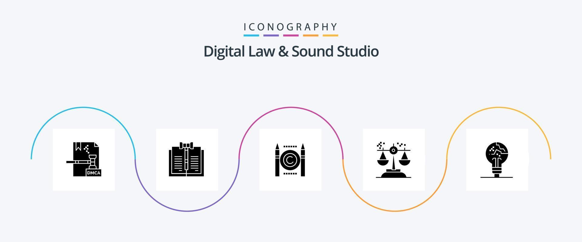 paquete de iconos de glifo 5 de estudio de sonido y ley digital que incluye juicio. conclusión. ley. elección. derechos de autor vector