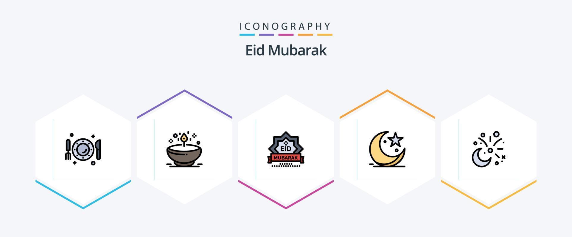 Eid Mubarak 25 FilledLine icon pack including star. cresent. glow. decoration. stamp vector