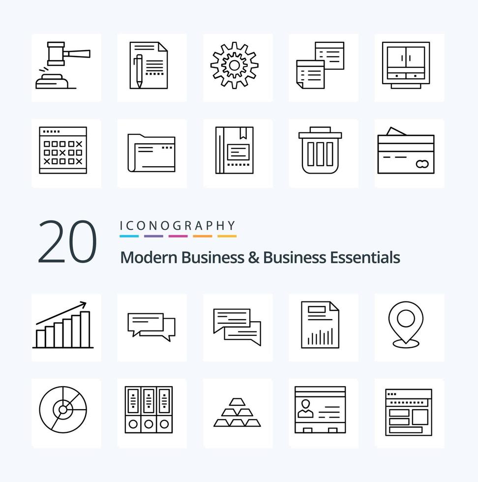 20 paquete de iconos de línea de negocios modernos y elementos esenciales de negocios como documento de burbuja de negocios de finanzas social vector