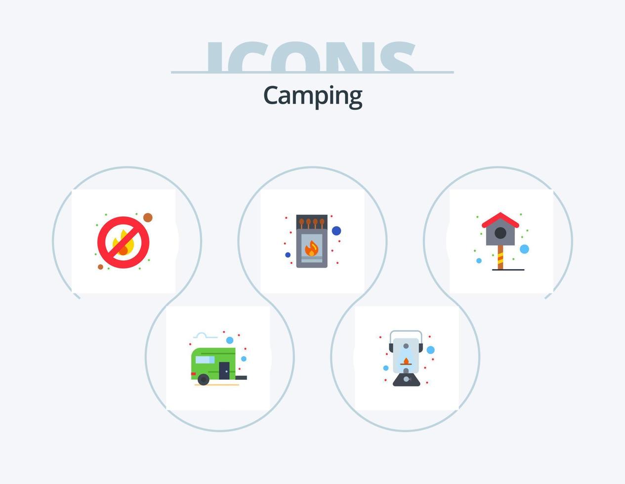 camping flat icon pack 5 diseño de iconos. casa. palo. lampara de aceite. fósforo. caja vector