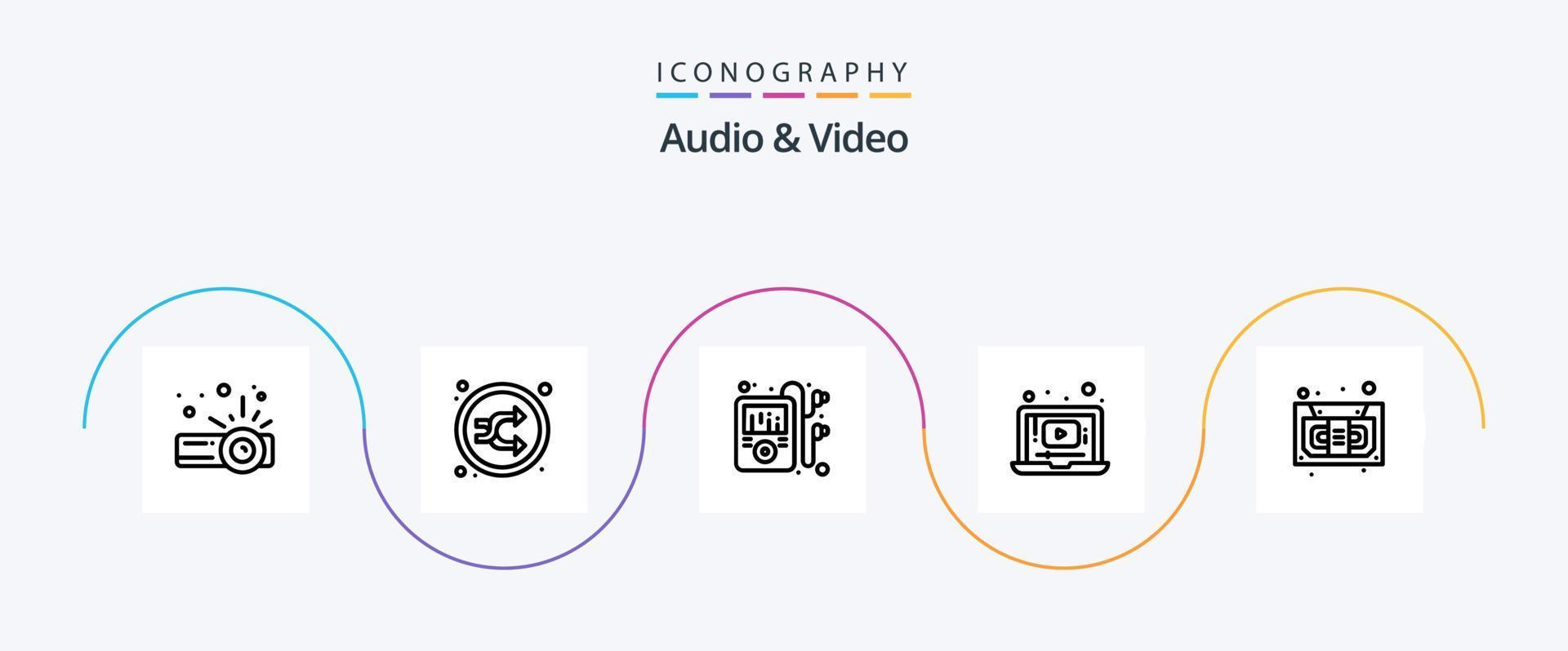 paquete de iconos de línea 5 de audio y video que incluye música. audio. multimedios mp. música. video vector