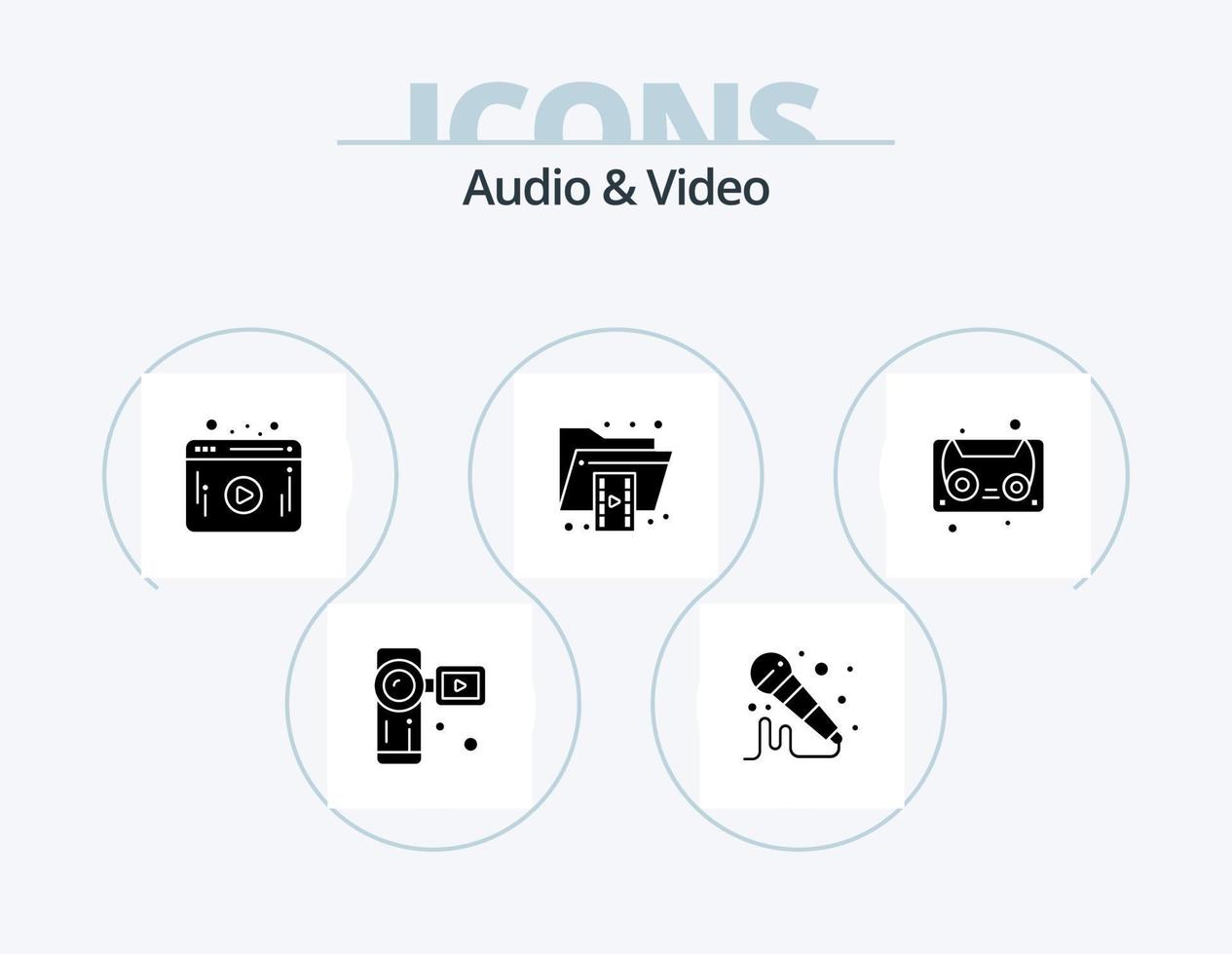 paquete de iconos de glifos de audio y video 5 diseño de iconos. cinta de casete. cinta de audio. web. video. carpeta vector