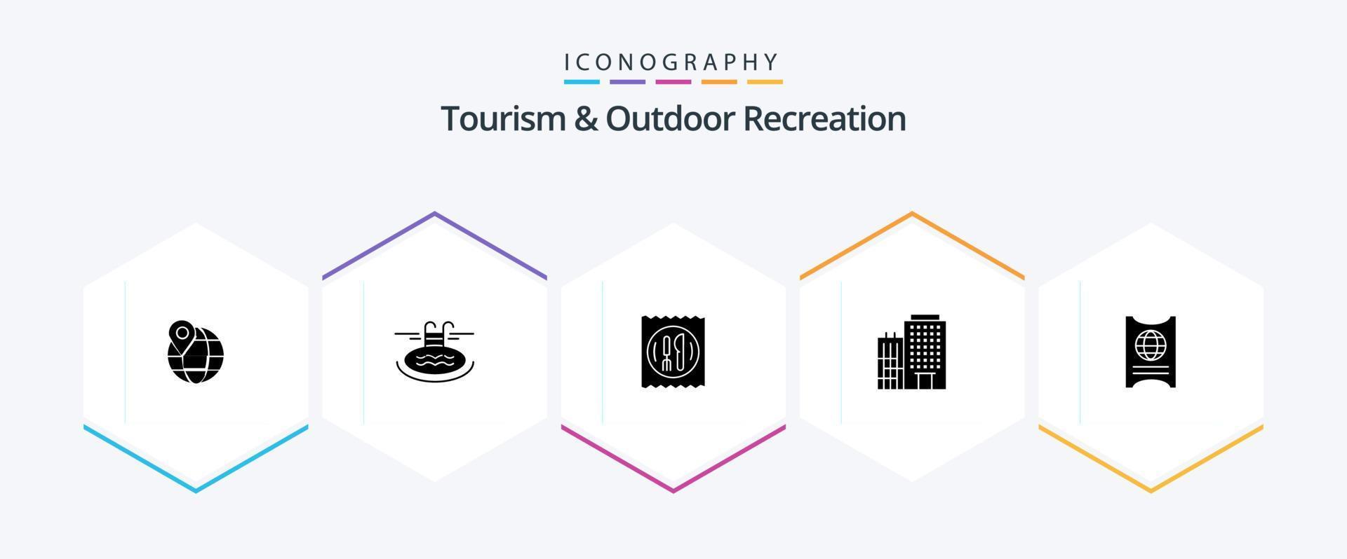 Tourism And Outdoor Recreation 25 Glyph icon pack including passboart. service. lunch. home. hotel vector