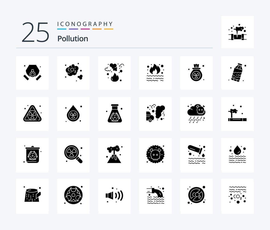 contaminación 25 paquete de iconos de glifos sólidos que incluye desechos. desperdiciar. fuego. basura. gas vector