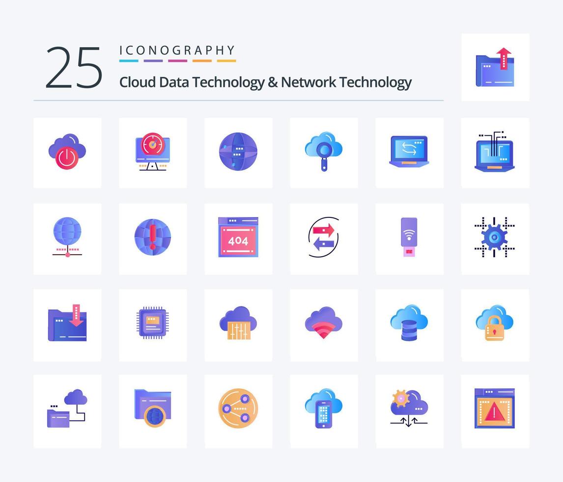 tecnología de datos en la nube y tecnología de red paquete de iconos de 25 colores planos que incluye red. encontrar. mundo . buscar. nube vector