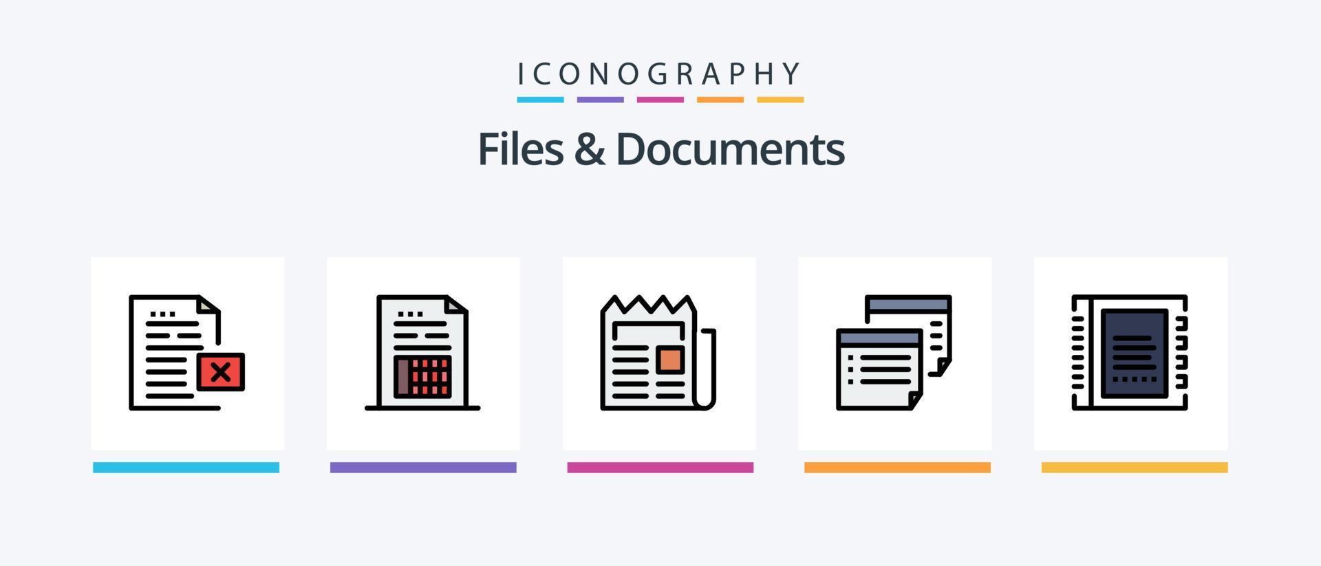 la línea de archivos y documentos llenó el paquete de 5 iconos, incluida la factura. verificar. periódico. documento. certificado. diseño de iconos creativos vector