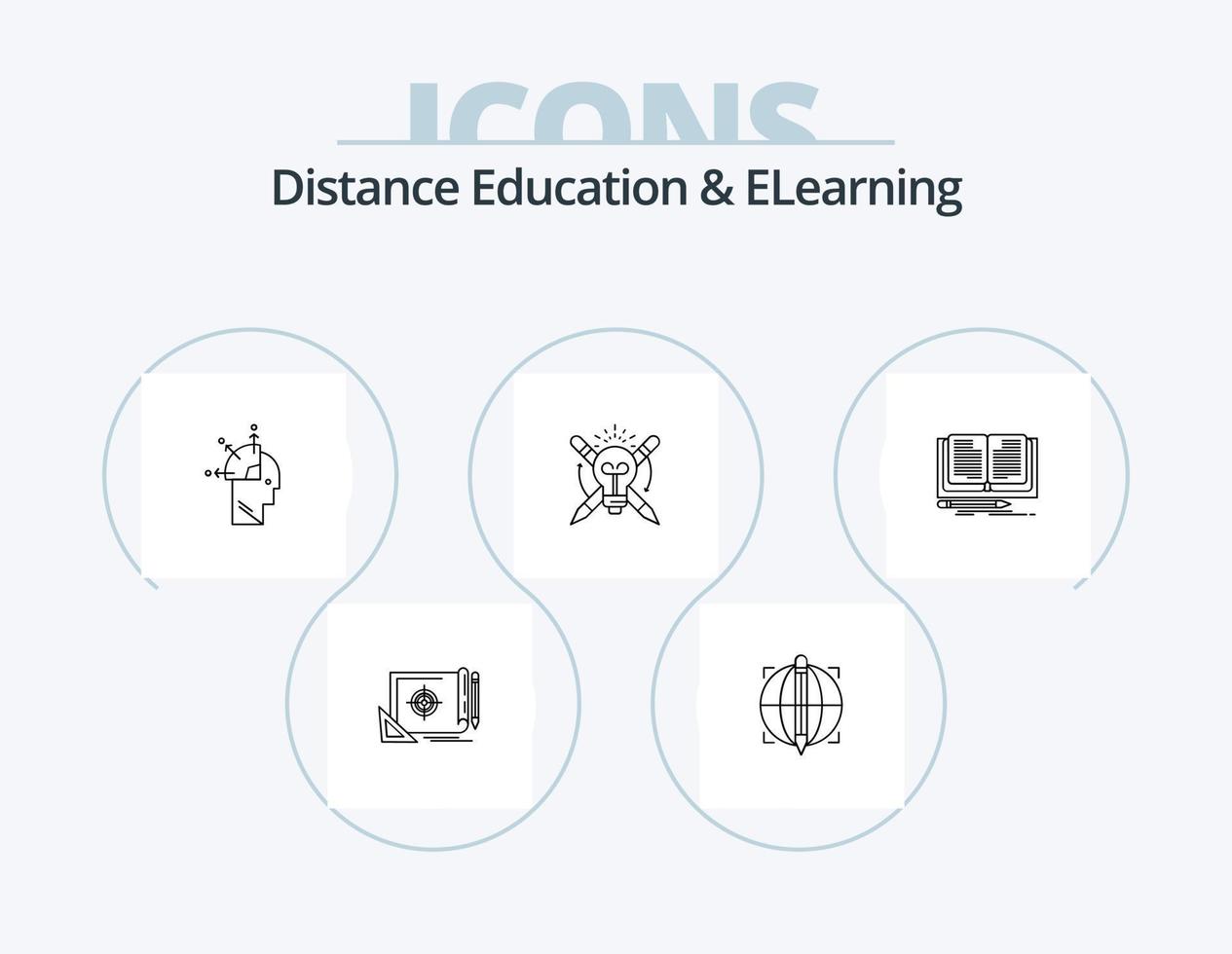 Distance Education And Elearning Line Icon Pack 5 Icon Design. art. man. book. user. bulb vector