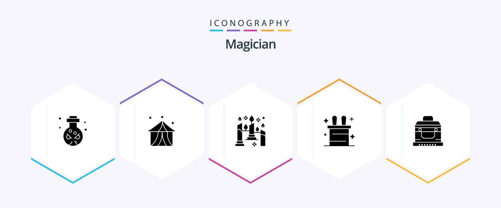 Magician 25 Glyph icon pack including treasure. box. burning. bandit. magic trick vector