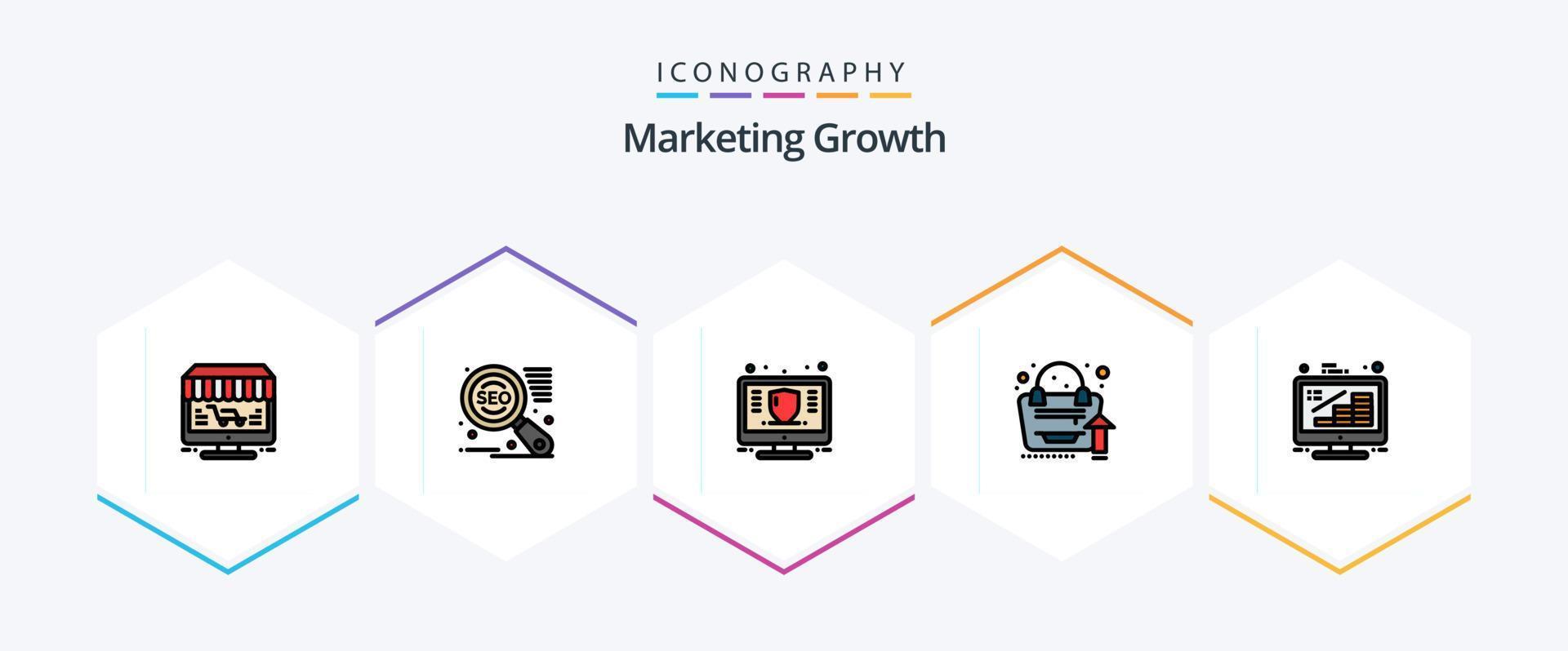 crecimiento de marketing 25 paquete de iconos de línea completa que incluye negocios. bolsa. finanzas. analítica. proteger vector