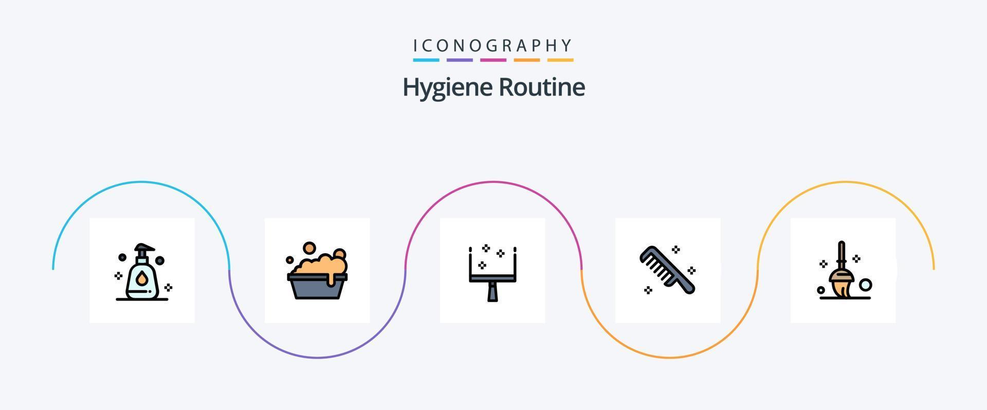 la línea de rutina de higiene llenó el paquete de iconos planos 5 que incluye. fregar. barrer. limpieza. limpio vector