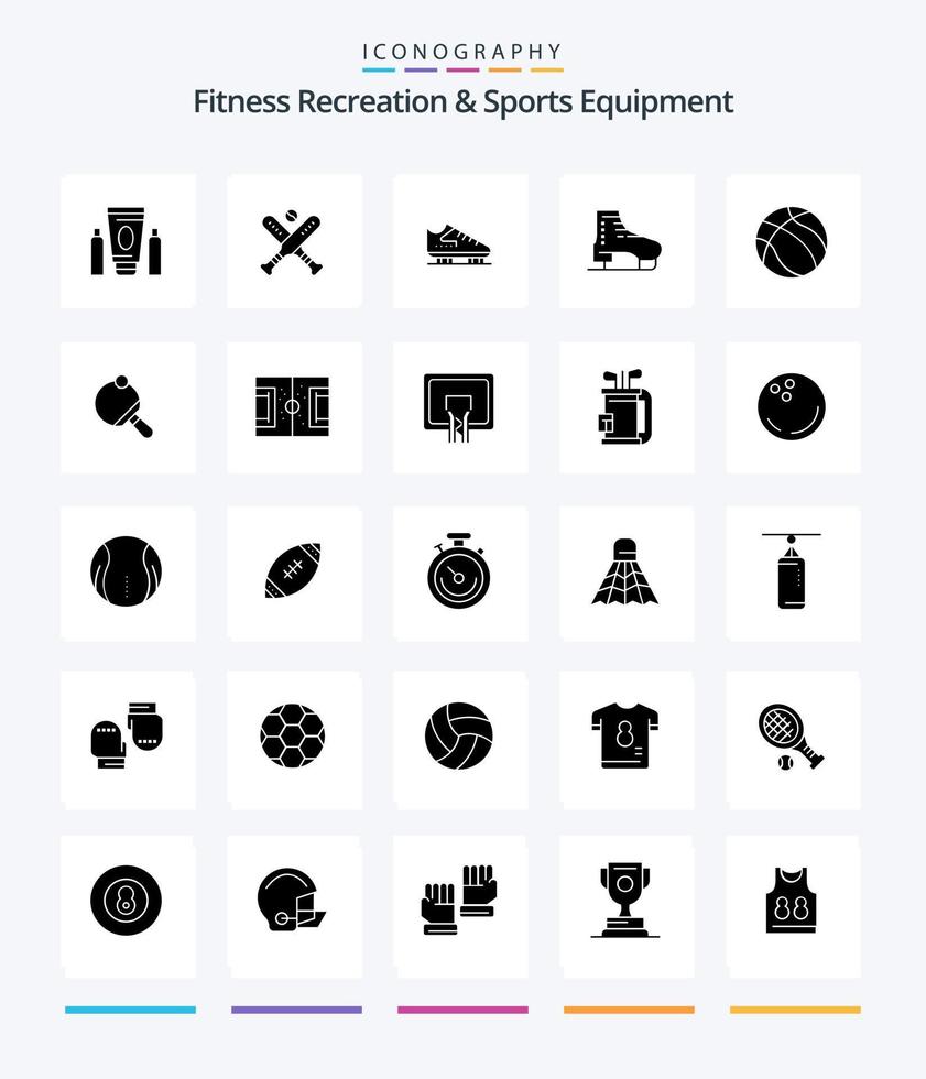 recreación de fitness creativo y equipo deportivo paquete de iconos negros sólidos de 25 glifos como pong. nba bota. baloncesto. Patinaje vector