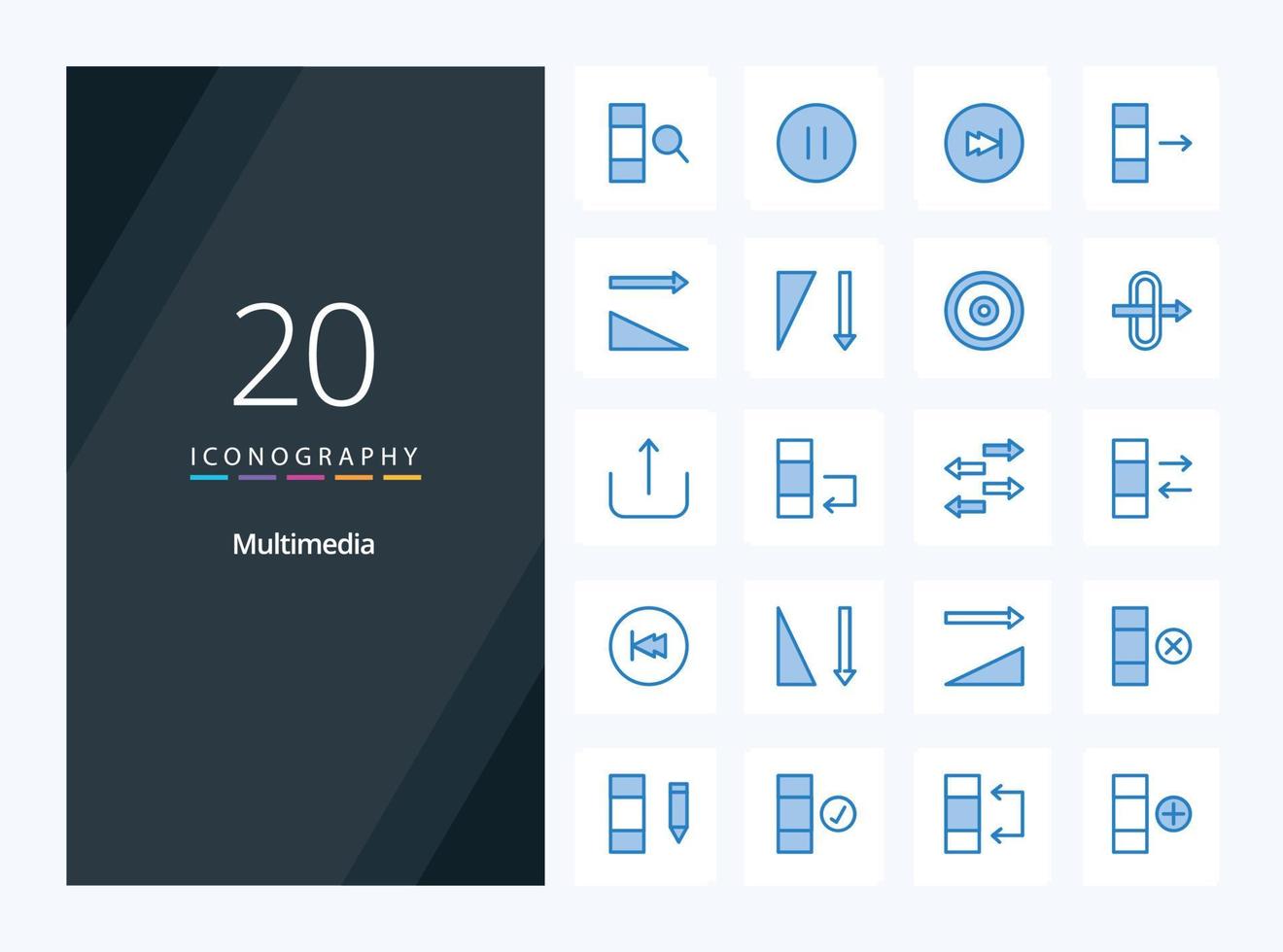 20 iconos de color azul multimedia para presentación vector