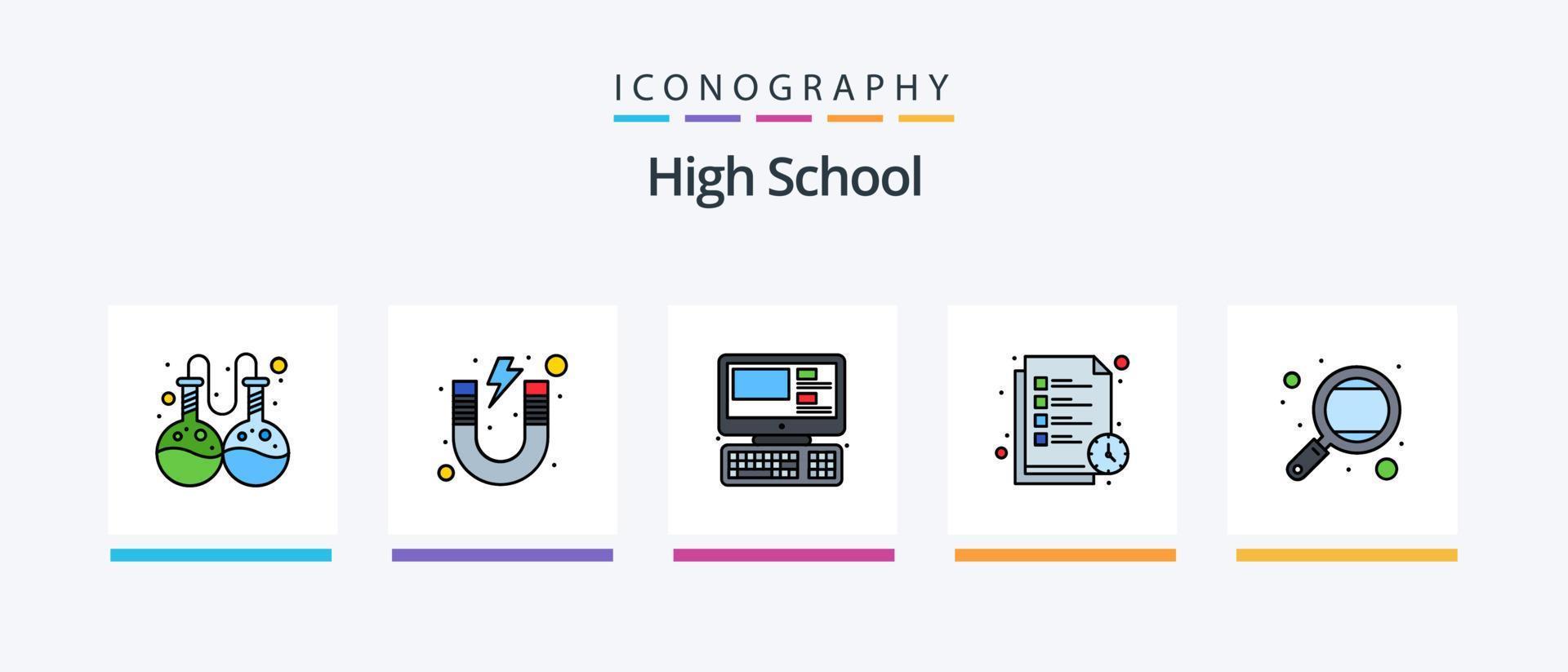 la línea de la escuela secundaria llenó un paquete de 5 íconos que incluye crayones. caja. reloj. papel. en línea. diseño de iconos creativos vector