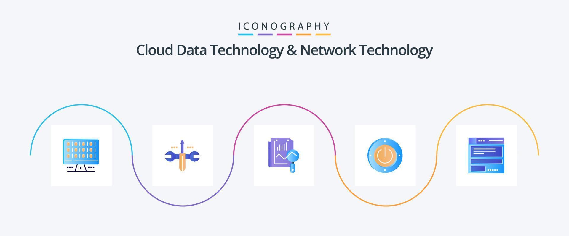 Cloud Data Technology And Network Technology Flat 5 Icon Pack Including browser. computing. file. power. electricity vector