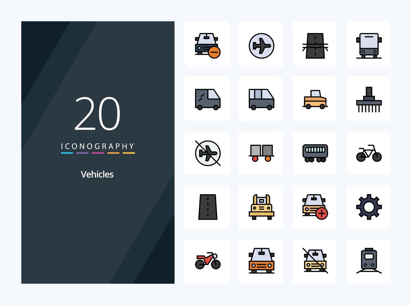 Icono lleno de línea de 20 vehículos para presentación vector