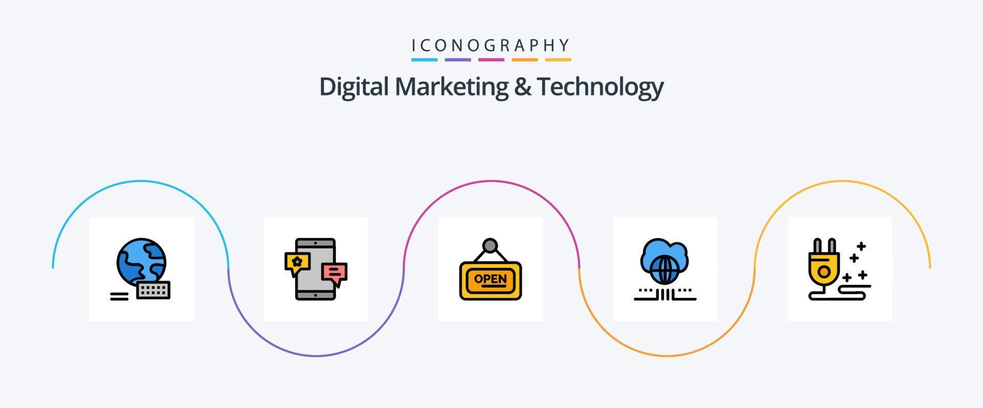 Digital Marketing And Technology Line Filled Flat 5 Icon Pack Including cable. cloud. marketing. network. world vector