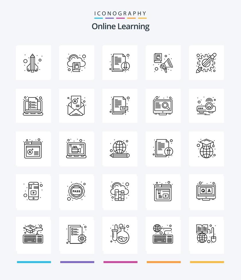 paquete de iconos de 25 esquemas de aprendizaje en línea creativo, como aplicaciones. aprender. libro. hablado. literatura vector