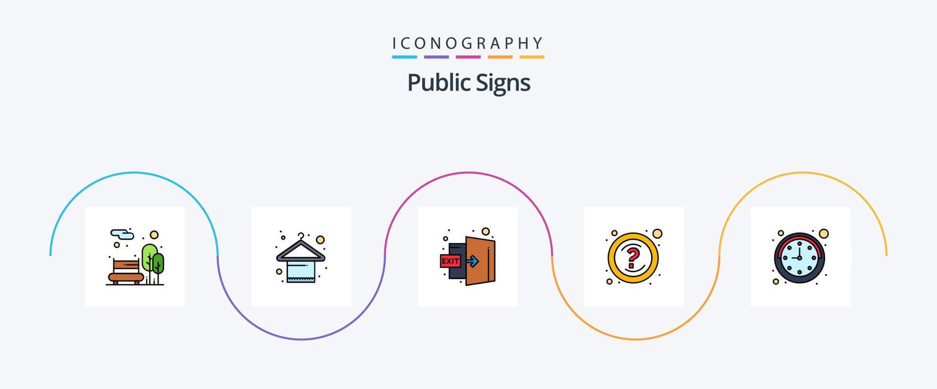 Public Signs Line Filled Flat 5 Icon Pack Including time. support. door. questions. help vector