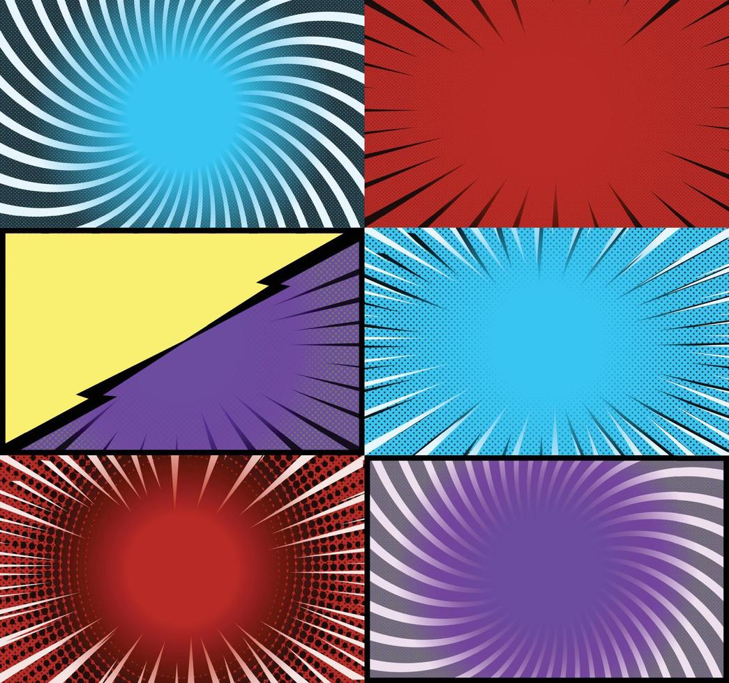 Comic book colorful frames background with halftone rays radial and dotted effects pop art style vector