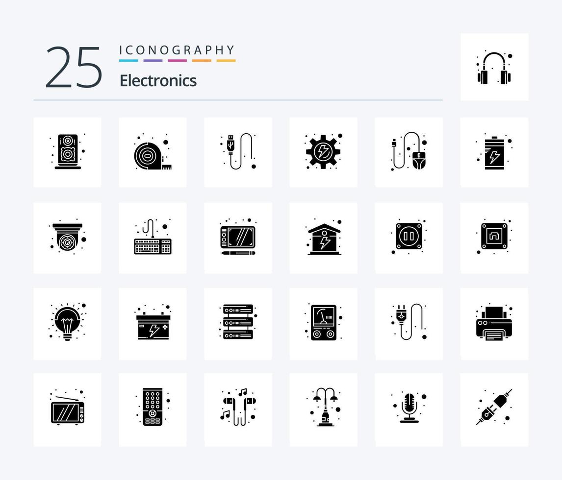 Electronics 25 Solid Glyph icon pack including charge. scroll. usb. mouse. process vector